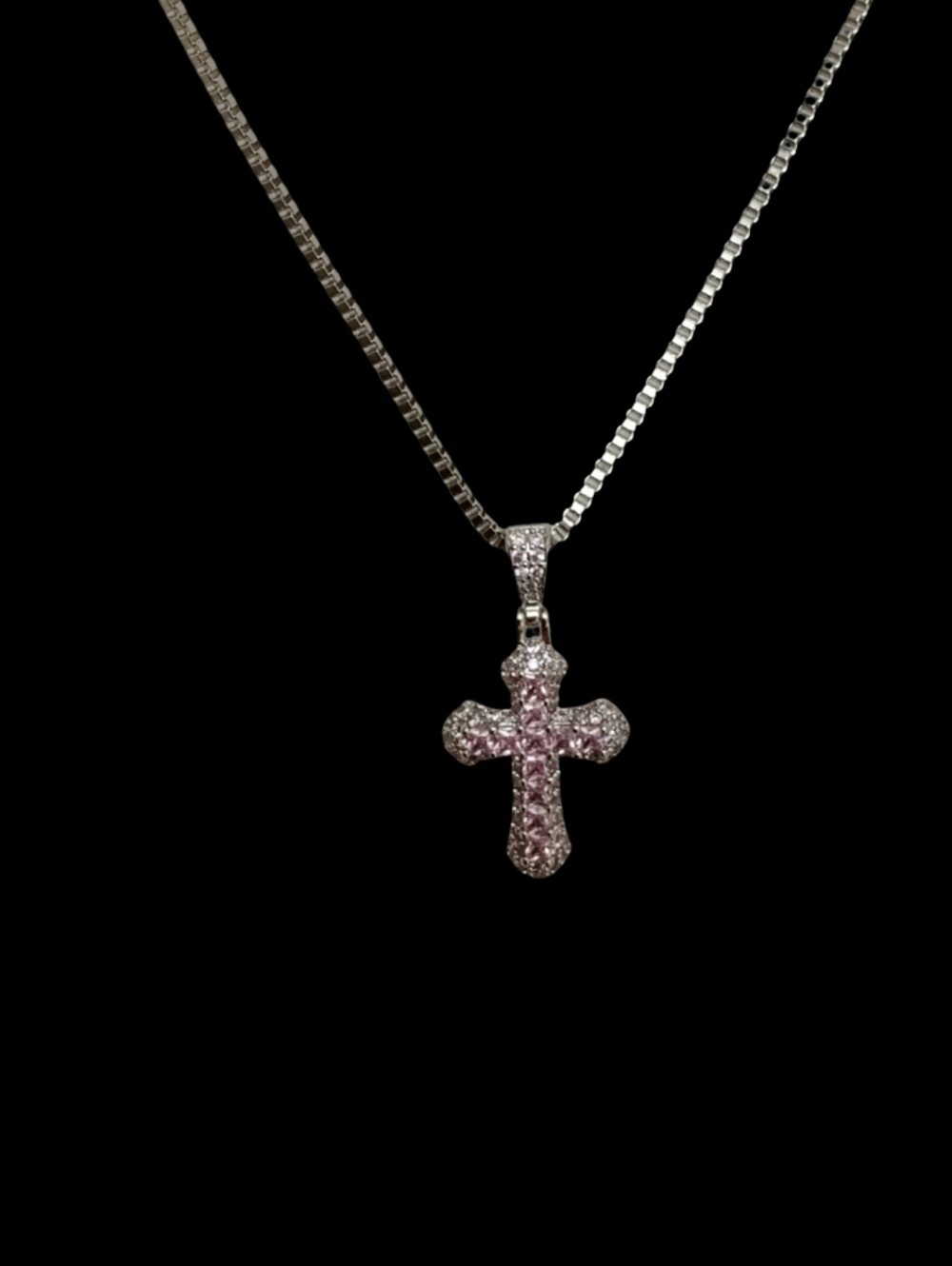 Pink Iced Out Cross Necklace Silver Tone Box Chain Y2K Bling Rhinestone Pendant